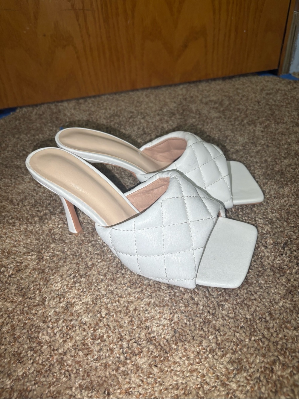 White Quilted Slip-On Heel Mules
